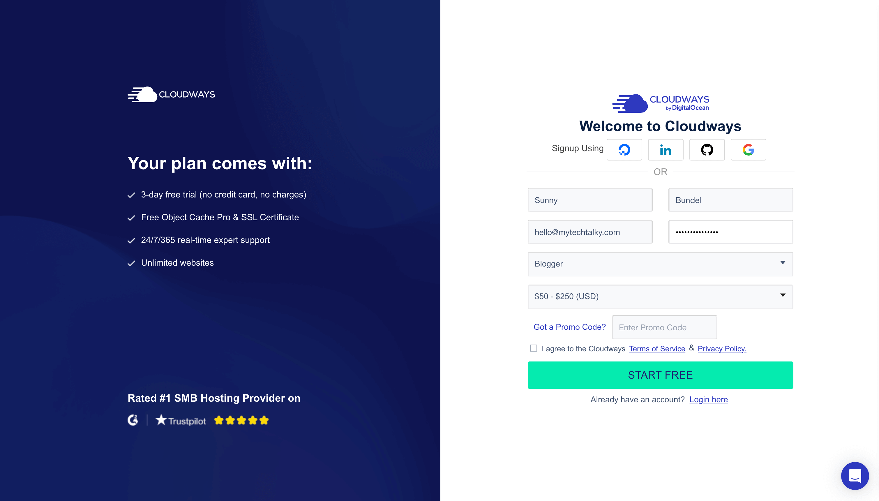 Enter Account Details at Cloudways